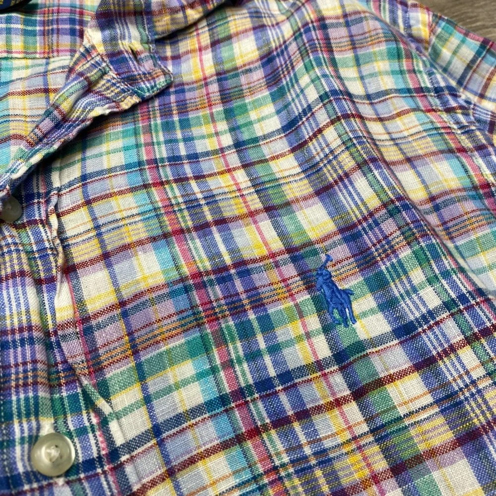 Polo Ralph Lauren Shirt Down Mens Small Plaid 100% Linen Classic Fit